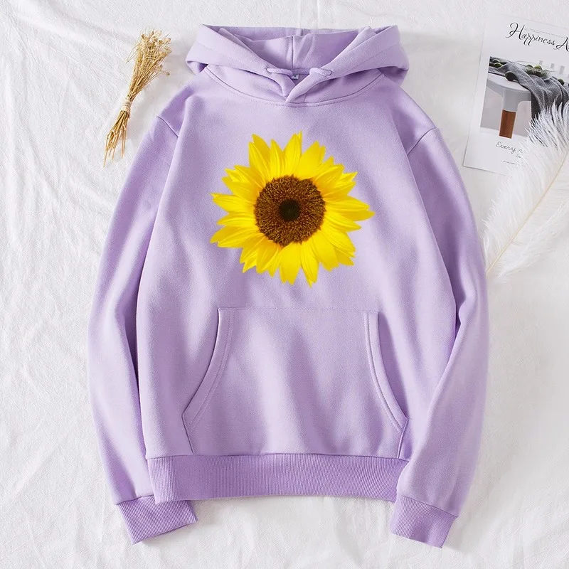 

Женская толстовка с капюшоном, флисовый пуловер с карманами и принтом подсолнухов, свободная зимняя повседневная женская теплая Толстовка ...
