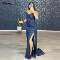 verngo 2022 navy blue satin mermaid long prom dresses strapless pleats side slit simple evening gowns women formal dress