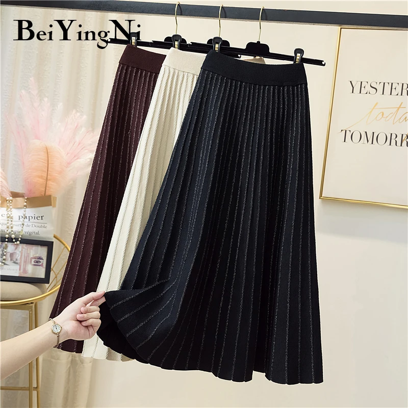

Осень-зима 2021, вязаная длинная Плиссированная юбка Beiyingni, женская модная черная юбка средней длины в Корейском стиле с высокой талией для же...