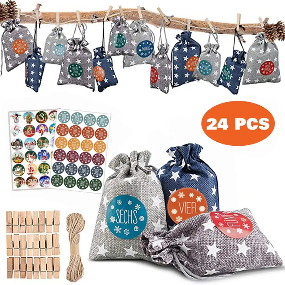 

24PCS DIY Christmas Advent Calendar Countdown Bag Hanging Candy Gift Sacks Pouch With Clips Stickers Rope Christmas Decoration