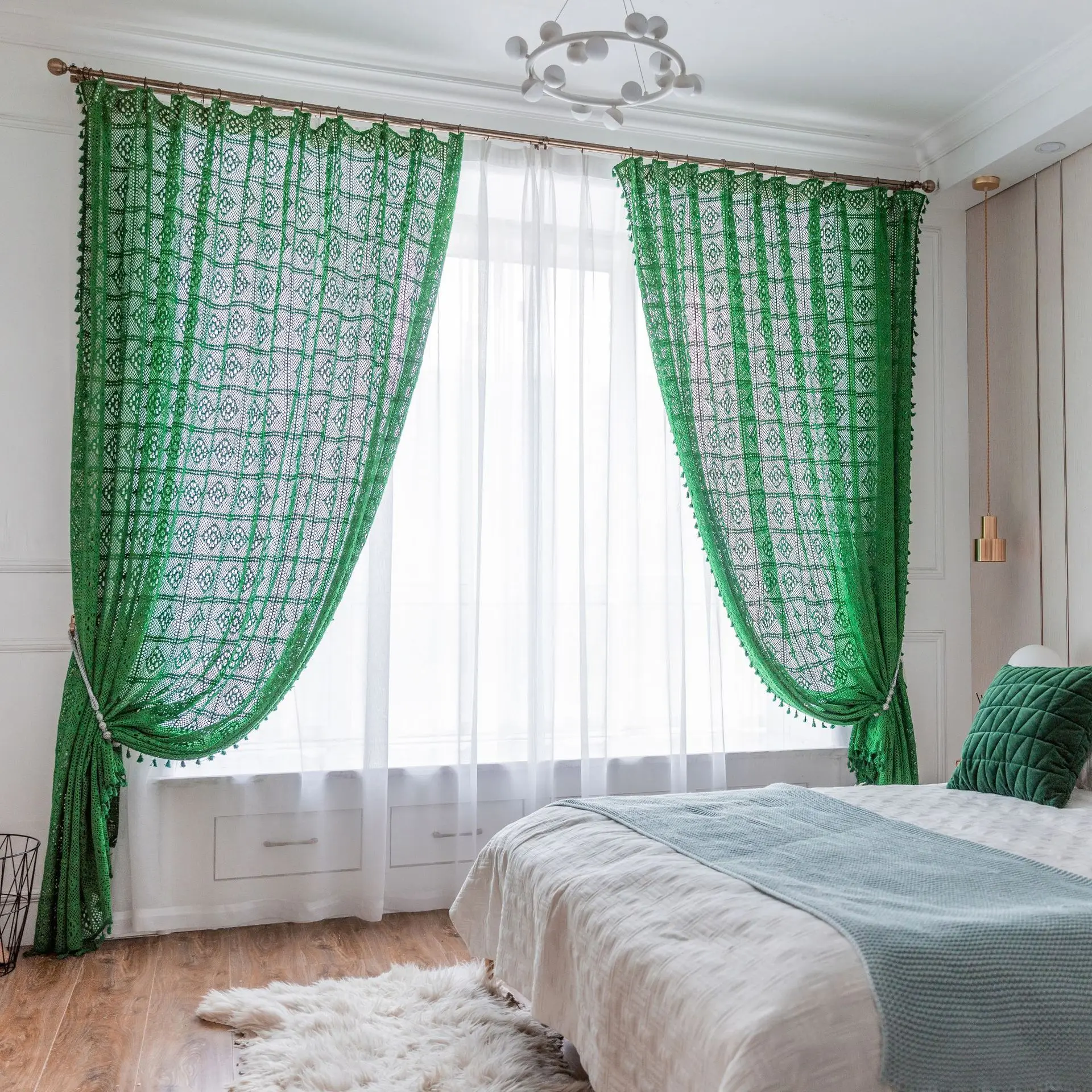 

Multifunctional Handmade Cotton Thread Translucent Retro Hollow Curtain Fabric Floor-to-ceiling Curtain Room Decoration LD348