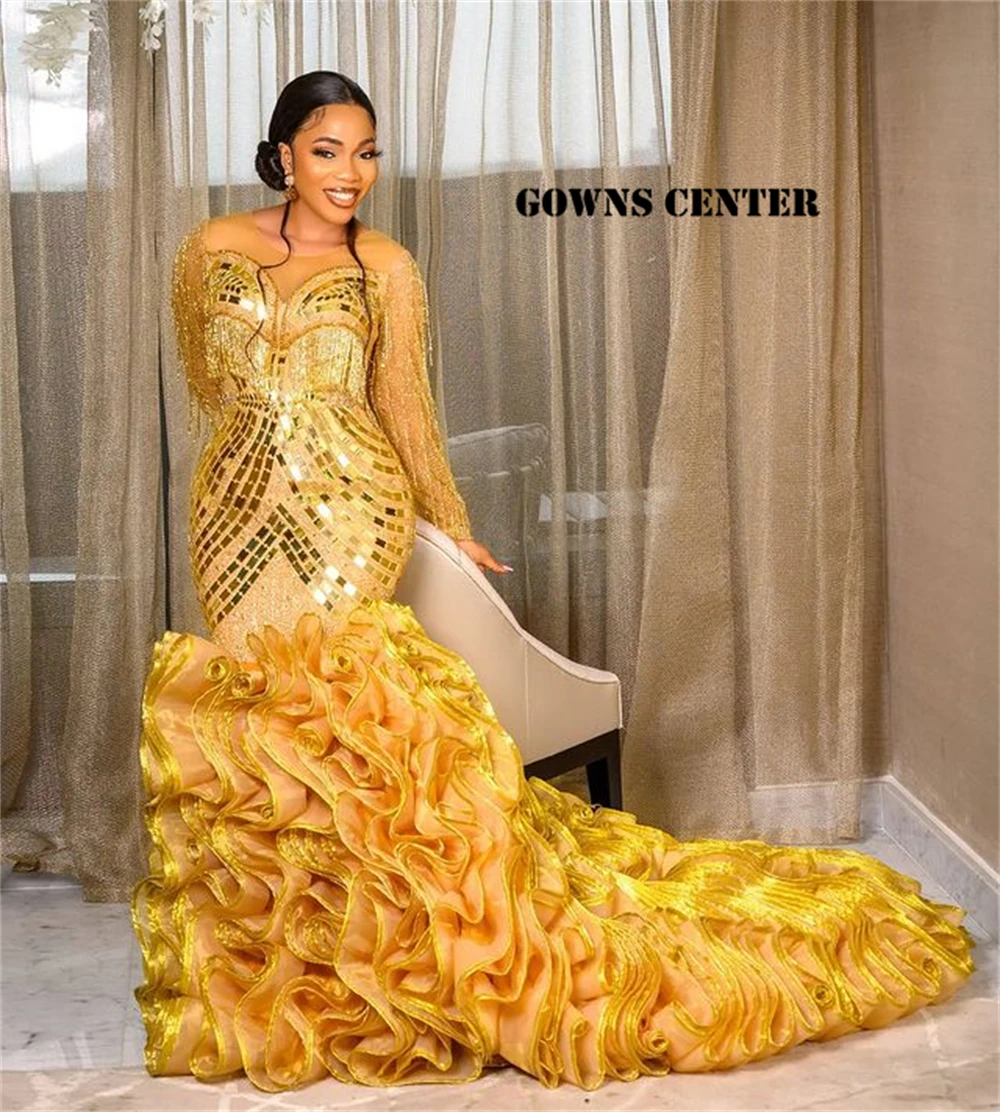 Aso Ebi Styles Evening Dresses Ruffles Mermaid African Fashion Dress For Wedding Party Long Sleeve Formal Gown Sequn Piece robe