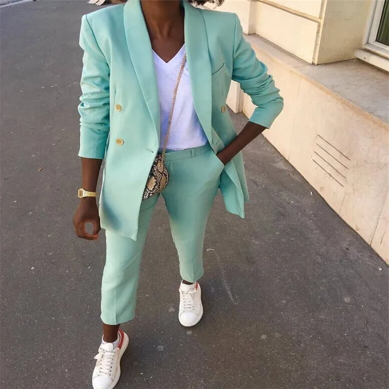 

Double Breasted Mint Pant Suits for Women Plus Size Custom Made Ladies Pantsuit Blazer+Pants for Work Pantsuit for Wedding Party
