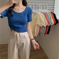 students round neck short sleeved sweater womens summer new korean style self cultivation all match casual short top