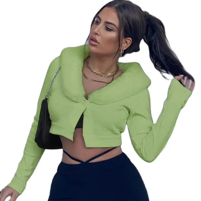 

Women's Cardigan Long Sleeve Button Sweater Winter Elegant Retro Casual Slim Lapel Fluffy Collar Solid Color Jacket 2021