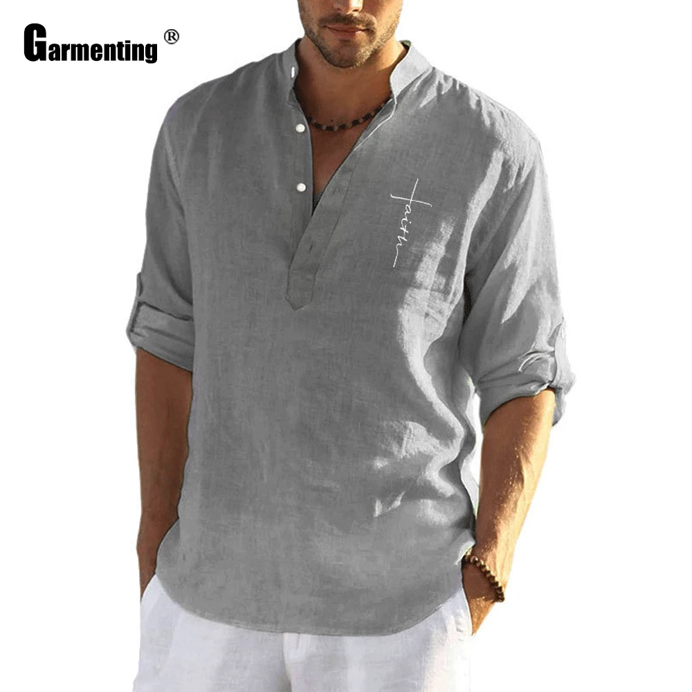 Мужская льняная рубашка с буквенным принтом повседневная однобортная блузка