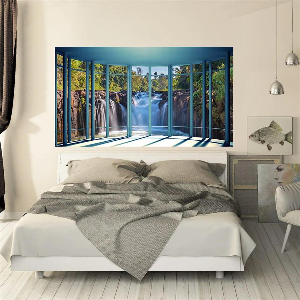 Имитация 3D подоконника пейзаж водопад прикроватная наклейка самоклеящиеся ПВХ