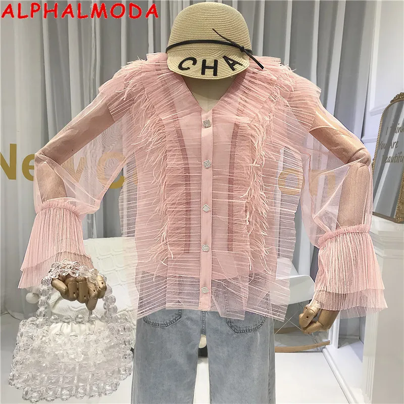 Женский кружевной топ ALPHALMODA плиссированная рубашка с перьями v образный вырез и
