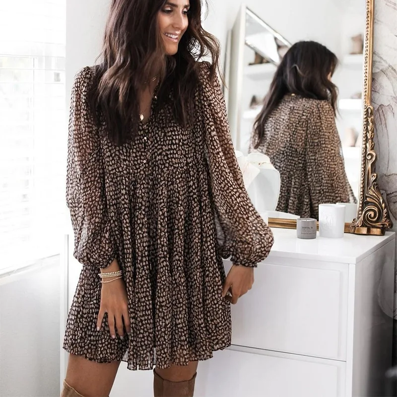 

Lugentolo Leopard Print Lantern Sleeve Dress Women Summer Fashion V-Neck Loose Casual Mini Dress