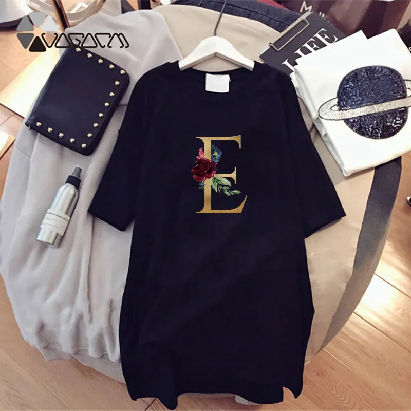 

Elegant Dresses for Women Alphabet Flower Loose Casual Fashion Robes Solid Mini Dress Short Sleeve Harajuku Clothing Vestidos