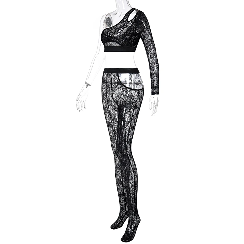 

2020 Long Sleeve One -Shoulder Patchwork Lace women's top trouser suit 2 Pieces Set Autumn Winter Women Sexy Party Tracksuit