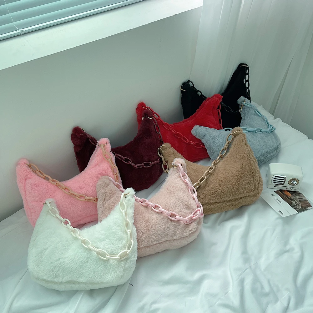 

Fashion Women Pure Color Hobos Shoulder Underarm Bag Casual Ladies Autumn Winter Acrylic Chain Plush Large Capacity Handbags