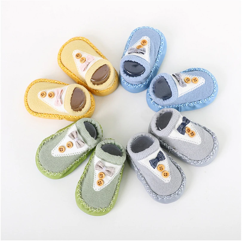 Нескользящие носки-тапочки для новорожденных носки в стиле пэчворк с бантиком и