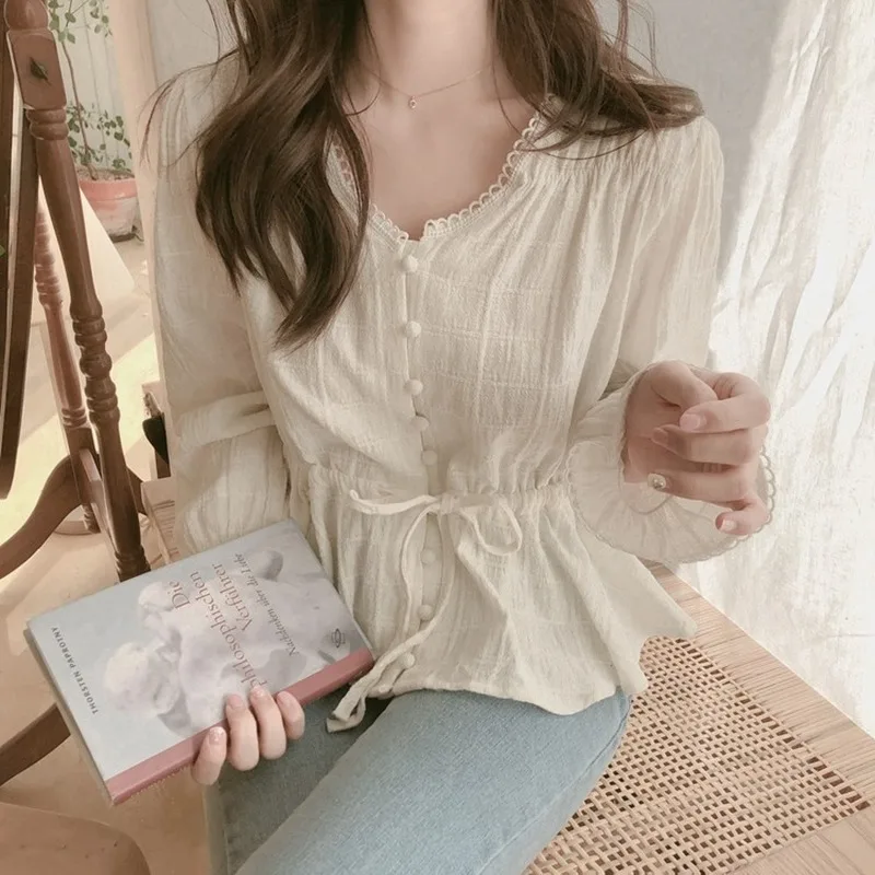 Женская белая блузка с длинным рукавом винтажные топы и блузки в Корейском стиле