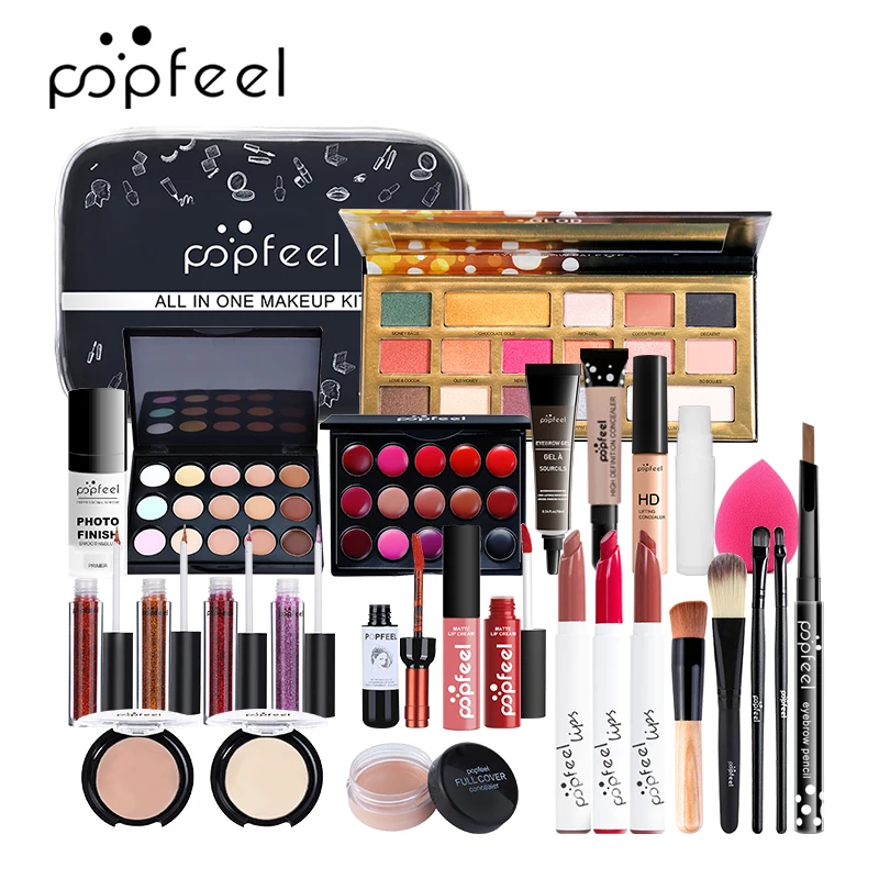 POPFEEL Cosmetic Set 8-27Pcs Make Up Set Cosmetics Kit Eyeshadow Palette Lip Gloss Powder Puff Concealer With Makeup Bag TSLM2