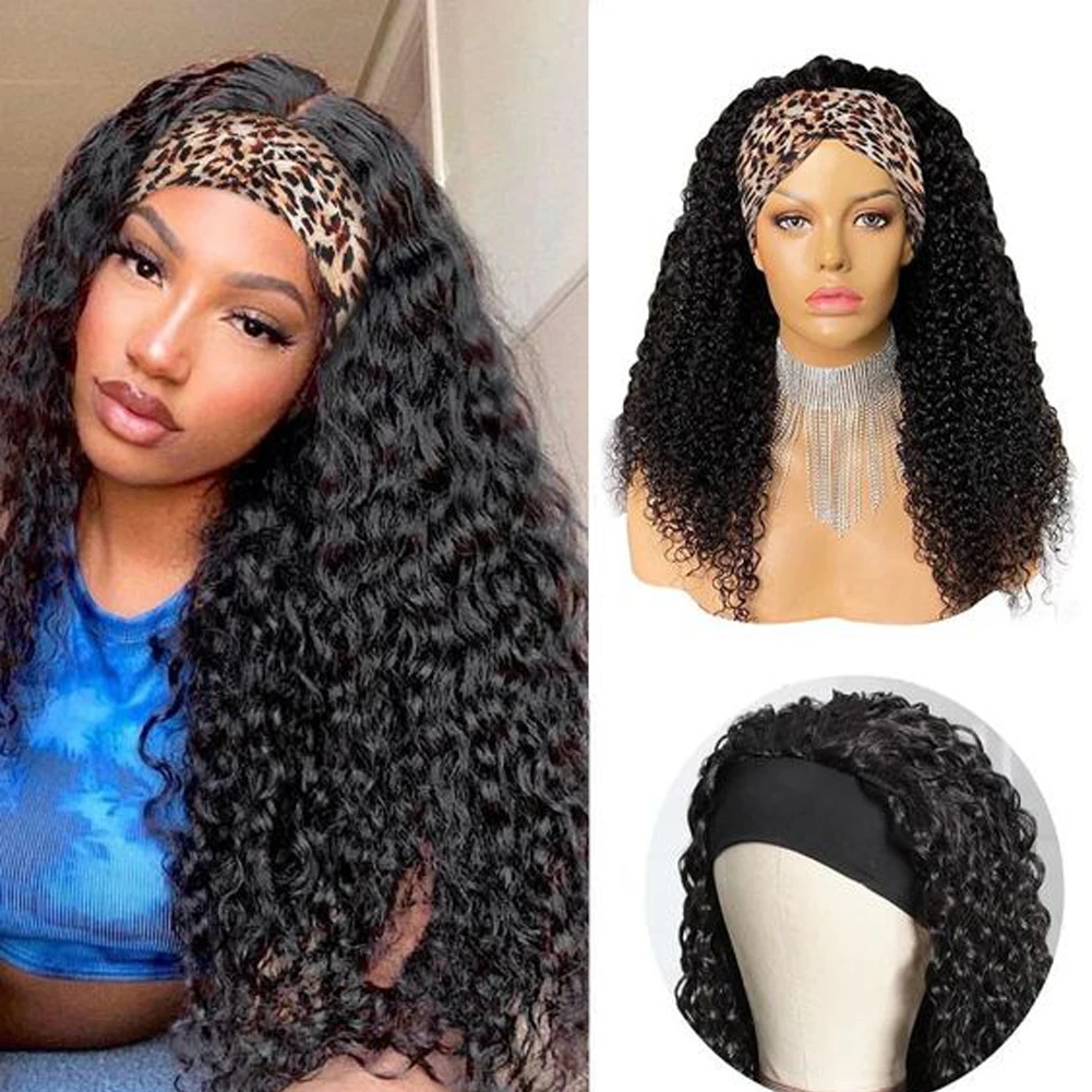 DLME  Kinky Curly Headband Wig Human Hair Brazilian Remy Hair Scarf Wig Full Machine Made Headband Wigs For Black Women