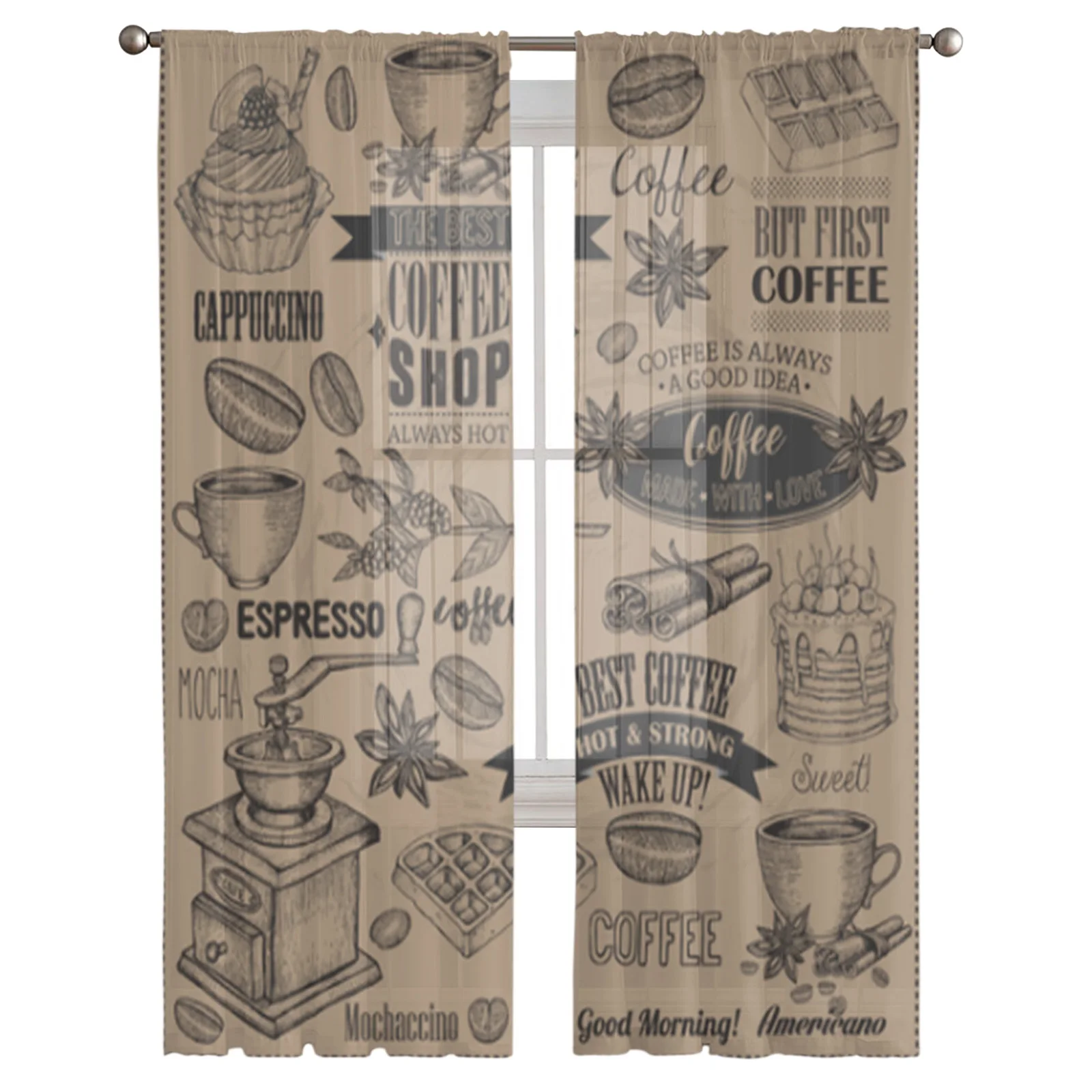 Тюлевые занавески в стиле ретро с изображением кофейных чашек для гостиной