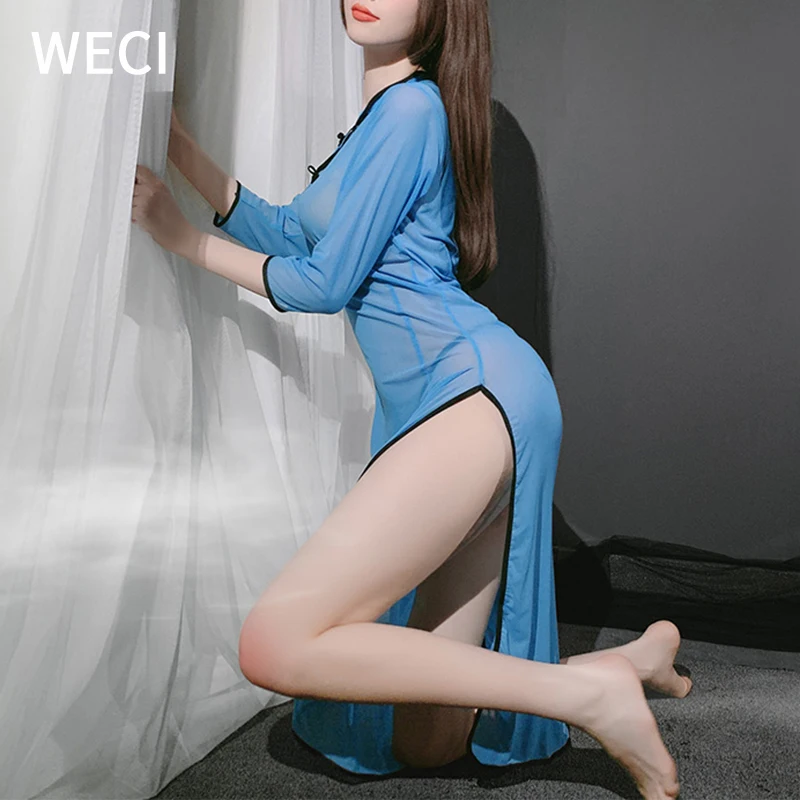 WECI Для женщин сексуальное платье Чонсам халат прозрачное белье в стиле школьницы