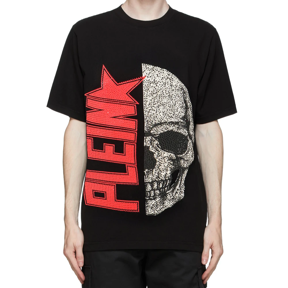 

PLEIN BEAR 2021 Summer New Regular Fit T-shirt Men Letter Half Skull Print 100% Cotton Tops Brand Clothing PB130473