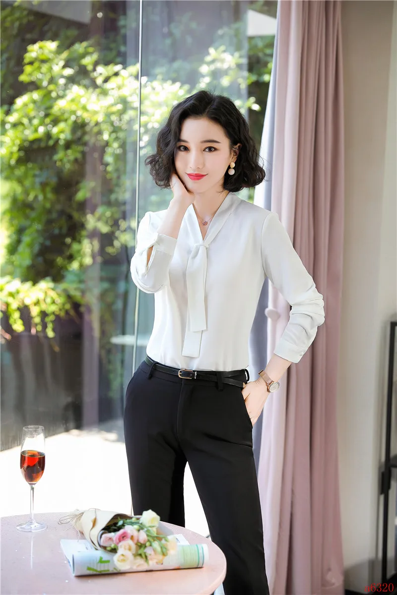 Женский офисный брючный костюм белая блузка и рубашка с длинным рукавом | Женская