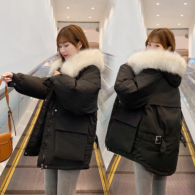 

2020 and winter New down cotton jacket Korean-style cotton-padded coat loose big fur collar short coat women's hooded pocket