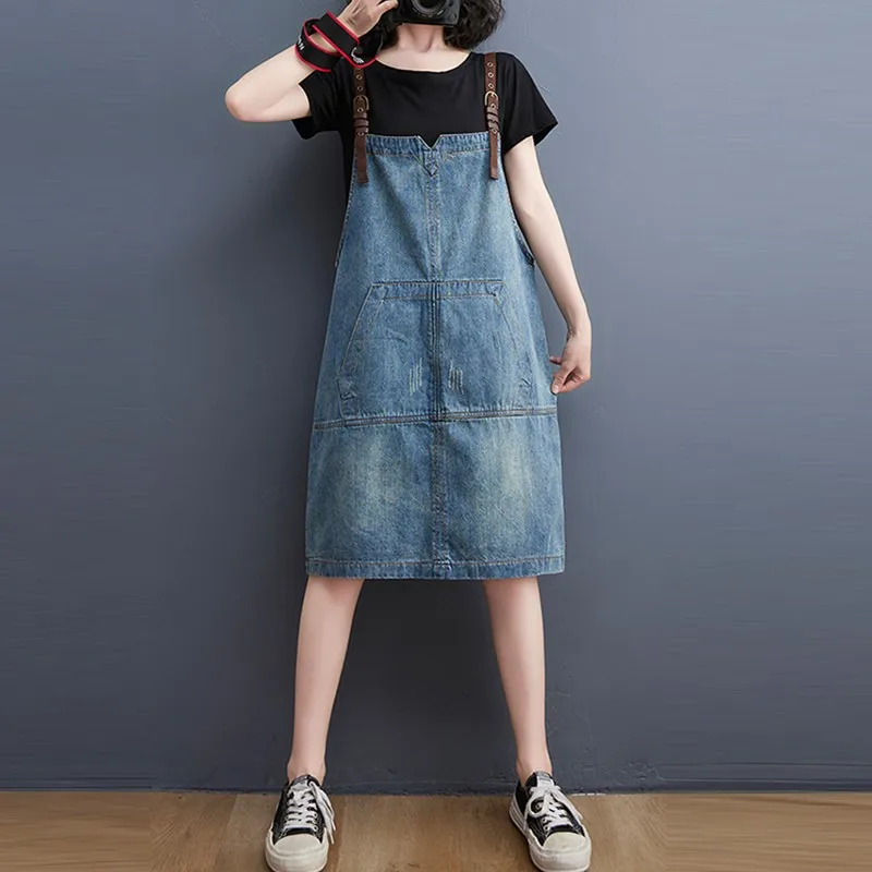 

Women Summer Casual Denim Dress New 2021 Simple Style Vintage Solid Color Spaghetti Strap Female Knee-length A-line Dresses B382