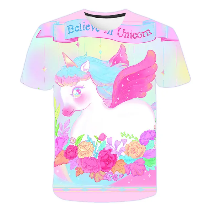 

Girl 3D unicorn print T-shirt cute girl T-shirt top new summer three way top children cartoon clothes casual 4-14T teens