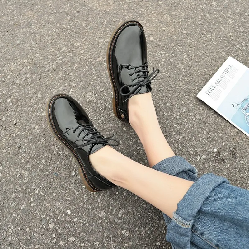 

Women Shoes Woman Flats Patent Leather Increased Flat Platform Shoes Casual Shoes Female Lace Up Ladies Shoes Oxfords J14-94
