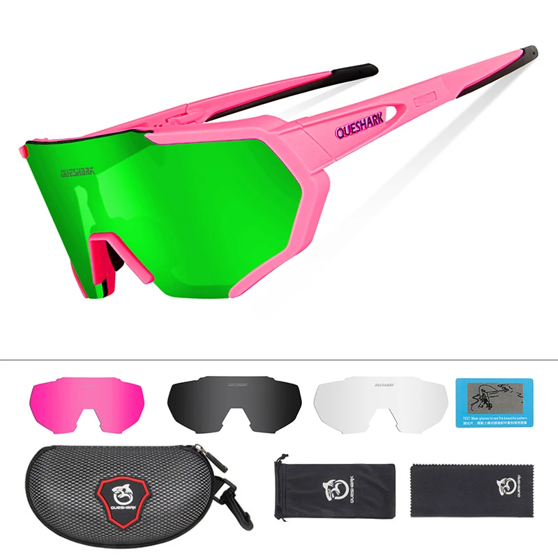4 Lens Pink Green QUESHARK, дизайн, очки для велоспорта для мужчин и женщин,, полностью покрытые линзы, UV400, поляризационные, 3 или 4 линзы, всего - Цвет: 4 Lens Pink Green