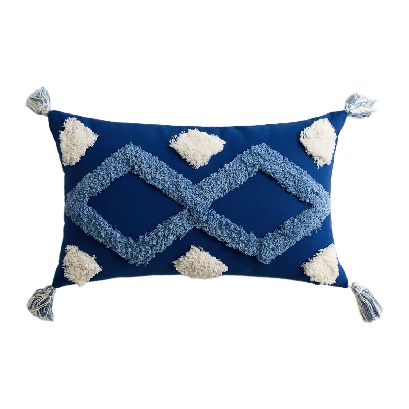 

30x50cm Boho Lumbar Pillow Case White Blue Geometric Tufted Tassel Cushion Cover N1HF