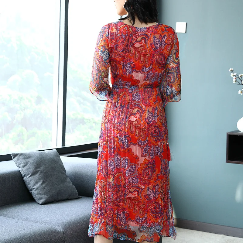 Шелковое длинное платье женские пляжные вечерние платья летнее с принтом