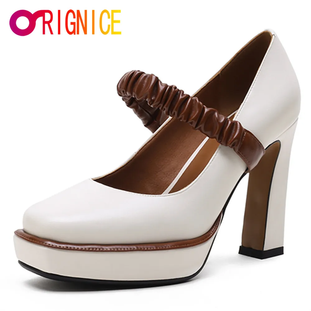 

Orignice Stylish Women Mary Jane Platform Pumps Genuine Leather Pleated Strap 10 cm Thick High Heels Round Toe Dress Party Shoes