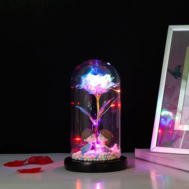 

Artificial Rose Flower in Glass Dome with Led Light Couple Statue Desktop Decor Valentine Mother's Day Wedding Gift for Women