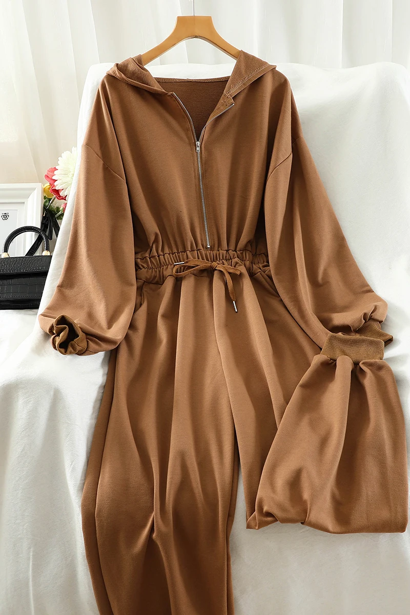

Simple Style Casual Ins Spring New Zipper Hoodie Jumpsuit Rompers Long Sleeve Brown Black Spring Female Jumpsuit