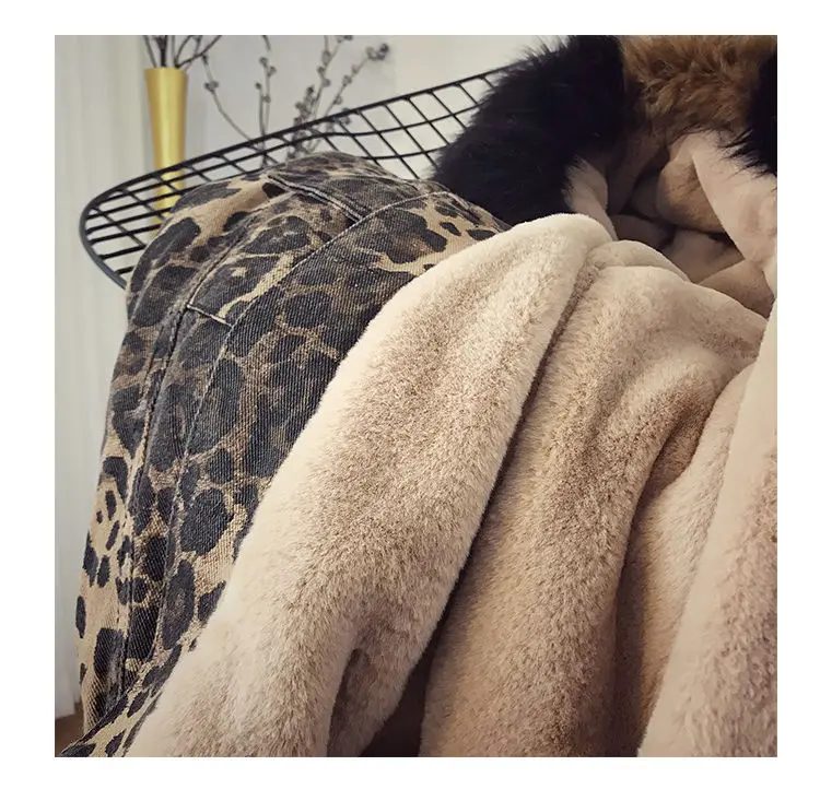 Elexs Вельветовая Толстая леопардовая куртка женская зимняя с большим меховым