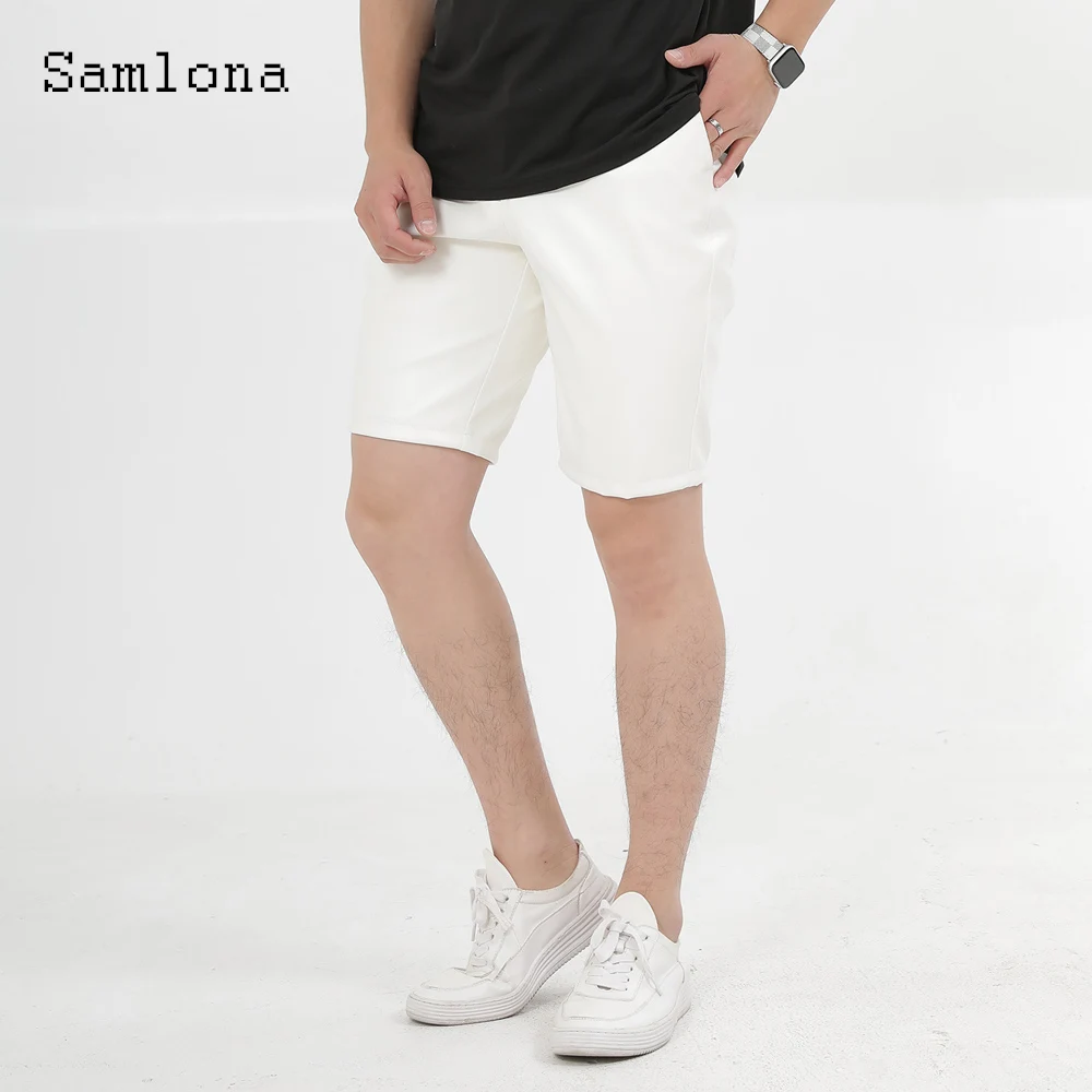 Samlona Plus Size Men's Faxu Pu Leather Shorts Red Khaki Short Pants 2022 Summer New Sexy Fashion Stand Pocket Shorts Homme