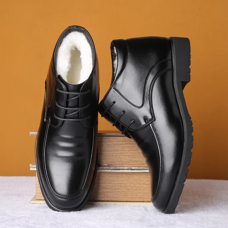 

Men's Winter Boots Warm Fur Business Casual Leather Shoes Black Lace Up Pointed Toe Ankle Boots Men Cotton Shoes Zapatos Hombre