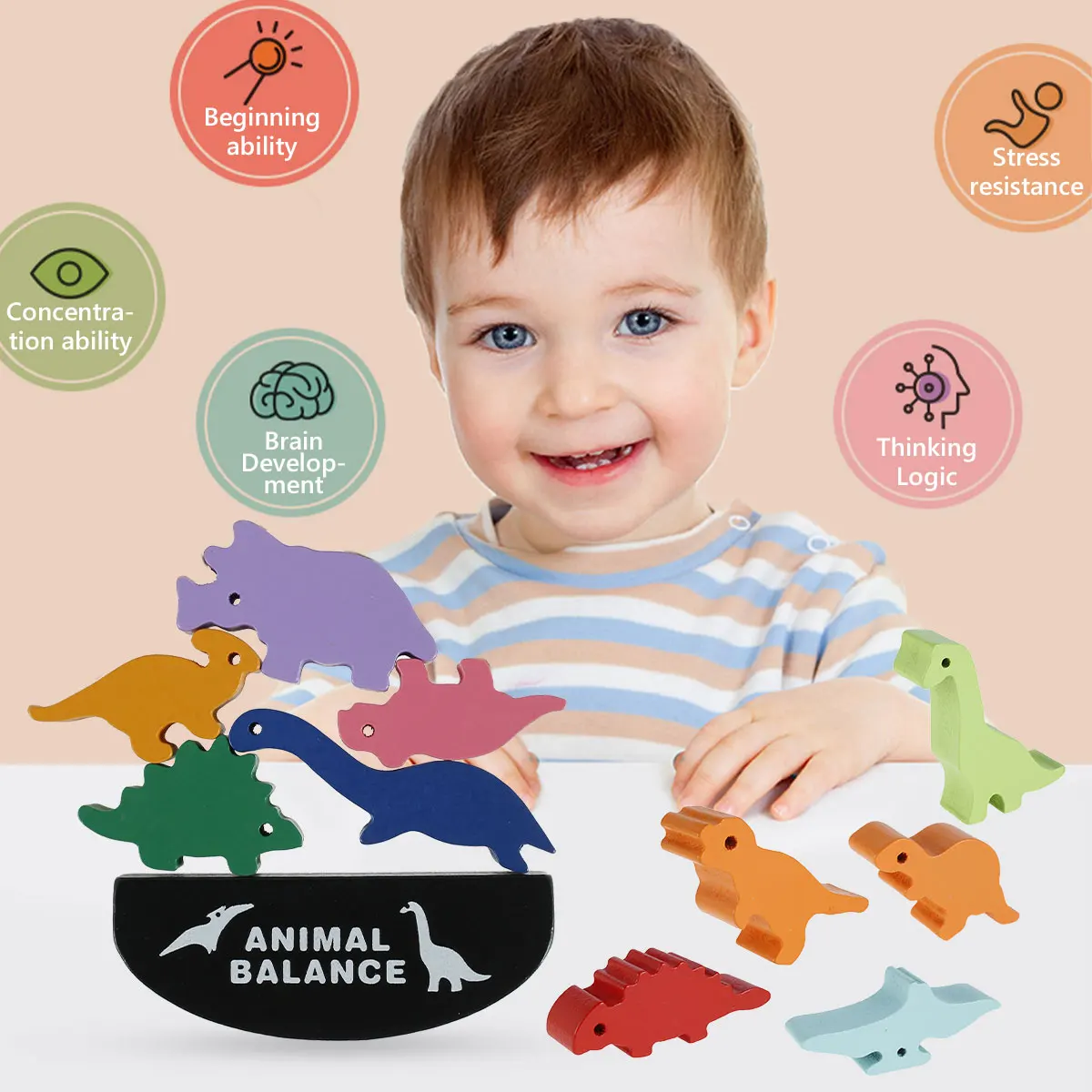 

Montessori Wooden Animal Balance Blocks Board Games Dinosaur Educational Stacking High Building Block Wood Toy Children Boys