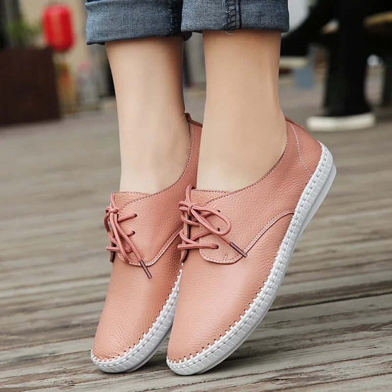 Женская кожаная обувь на низком каблуке удобная повседневная плоской платформе