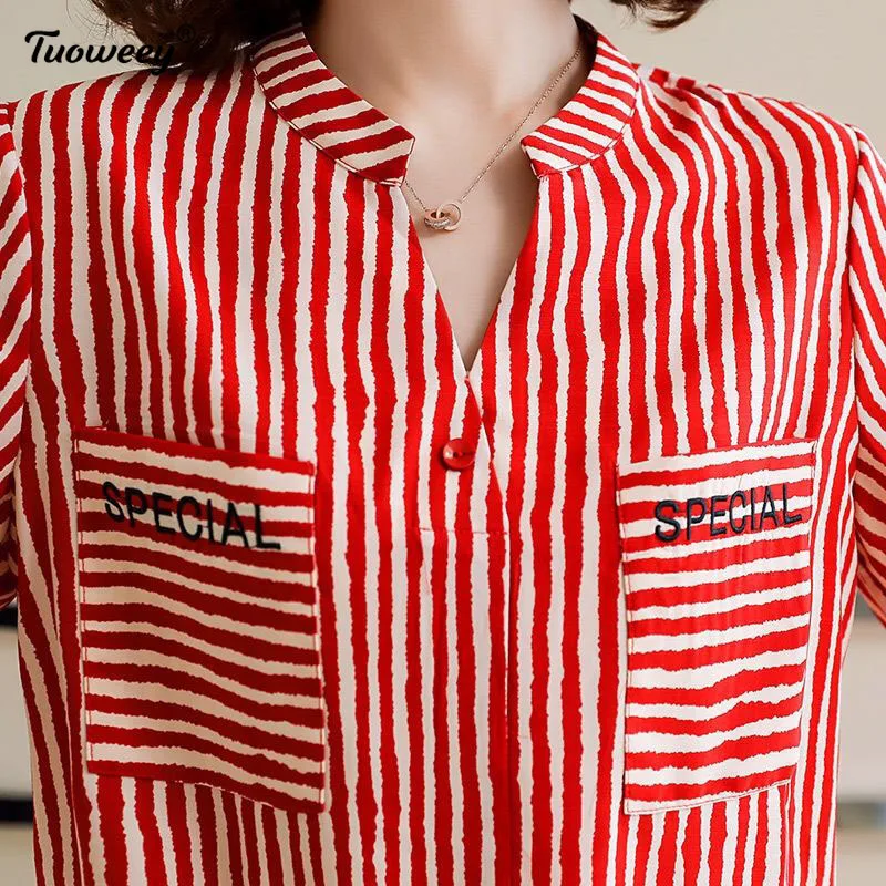 

New 2021 autumn Long Sleeve Chiffon Striped Blouse Women Shirt OL Button Cardigan Plus Size Women's Blouse Shirt Camisas Mujer