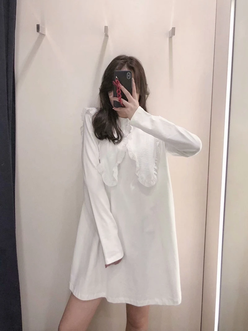 

Summer New Lady Pullover Dress Bohemian Style Full Sleeve Solid Straight Dress Patchwork Collar Above Knee,mini Women's Dress