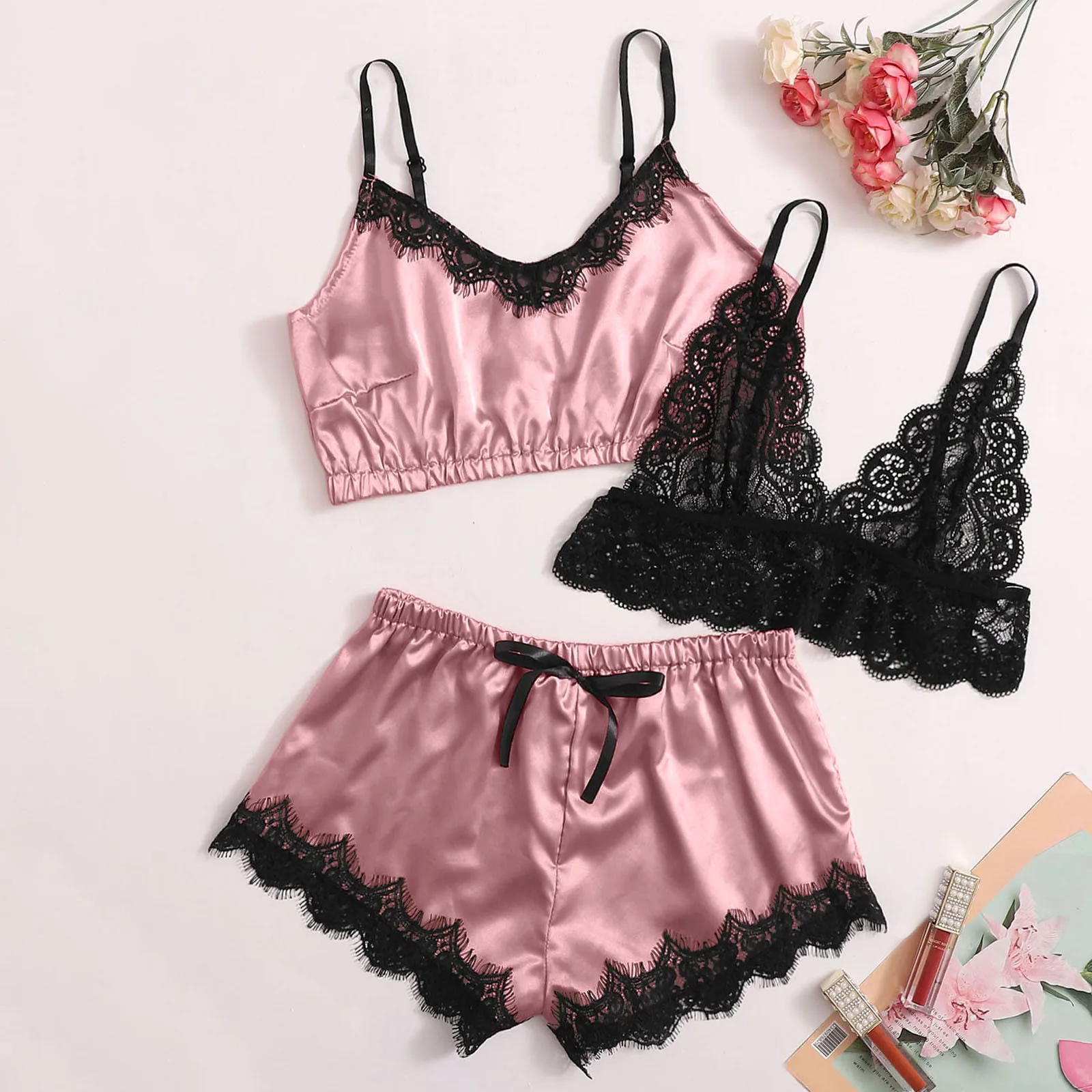 

Женская пижама, Сексуальный Атласный пижамный комплект, сексуальное модное кружевное белье, шелковое нижнее белье, одежда для сна, топ на бр...