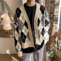 dimi plaid kintted cardigan sweater mens korean fashion spring autumn outerwear casual v neck clothes vintage oversized