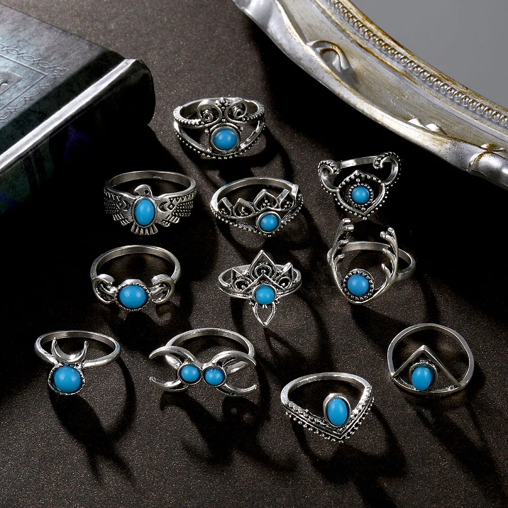 

UMKA Vintage Blue Stone Sliver Color Knuckle Rings For Women BOHO Mysterious Crystal Crescent Geometric Female Finger Rings Set