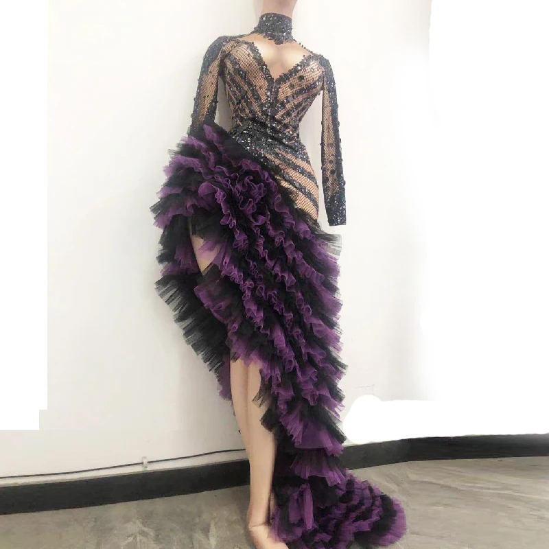 

luxury purple Court Asymmetric ruched Dress sexy Crystal Rhinestone long dress for wedding party for woman Dance Stage Costumes