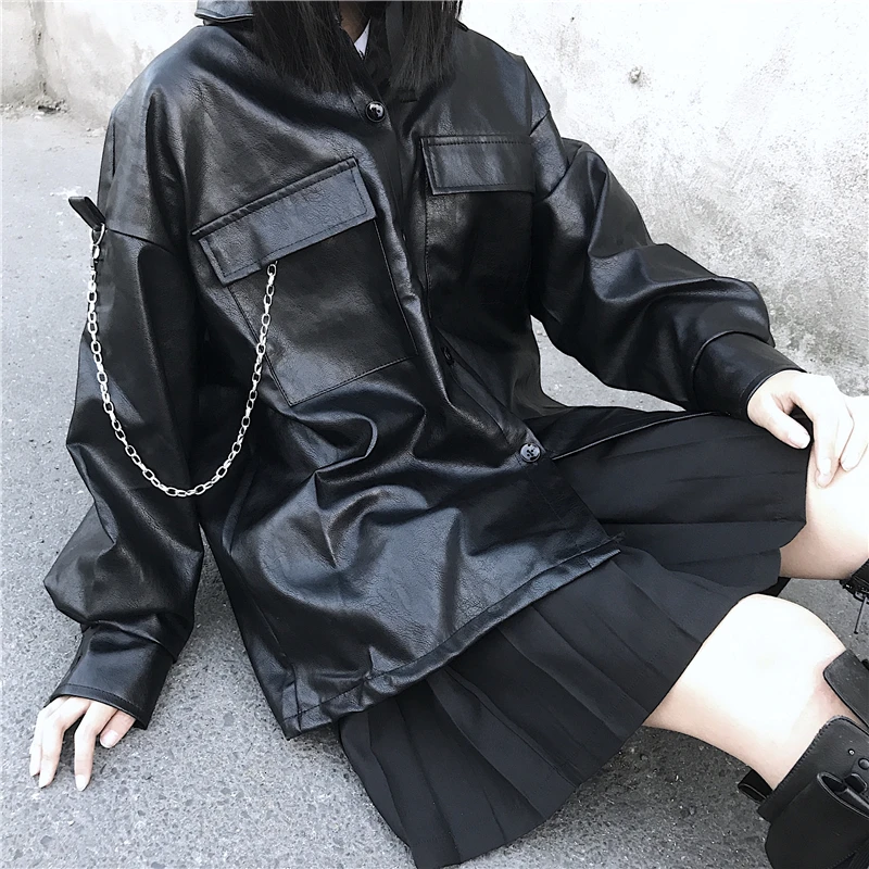 

Pu Leather Jacket Women Loose Harajuku Soft Silver Leather Outwear Unisex Motorcycle Coat Chain Hip-hop Leather Coat Tops PY107