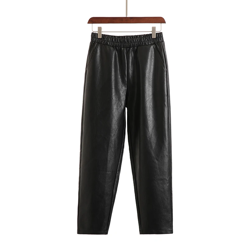 

Simple Fashion PU Faux Leather Pants women high waist pockets trousers women plus size streetwear loose pants pantalon femme