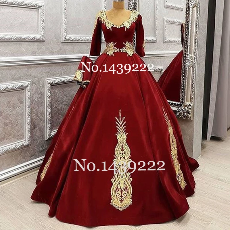 

Burgundy Satin Half Sleeves Moroccan Kaftan Evening Dresses Golden Lace Appliques Dubai Arabic Special Occasion Formal Party