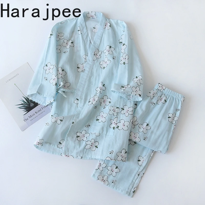 

Кимоно в стиле харадзпи, женская пижама из чистого хлопка, двухслойные марлевые летние тонкие простые повседневные японские домашние костю...