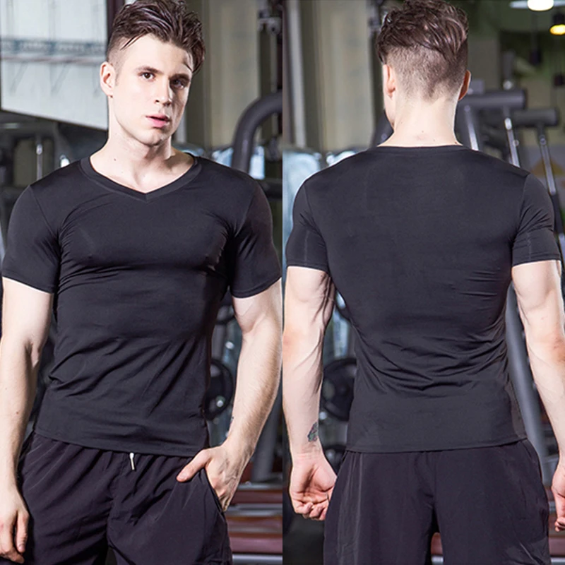 

Для мужчин s Бодибилдинг футболка Фитнес Топы Повседневное быстросохнущие компрессионные Для мужчин футболка короткий рукав V образным выр...